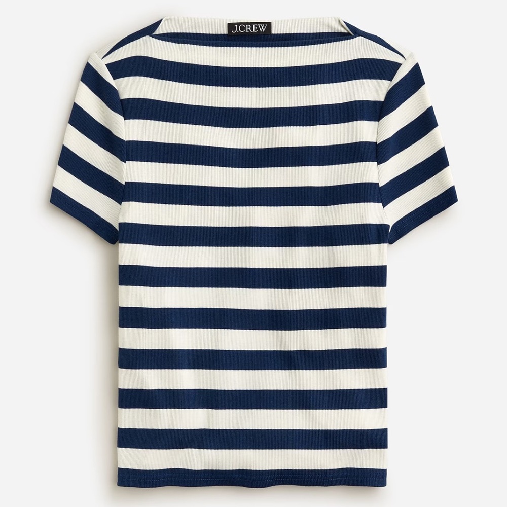 NWT J. Crew Fine Rib Fitted Boat Neck Navy and White Striped Short-Sleeve Top